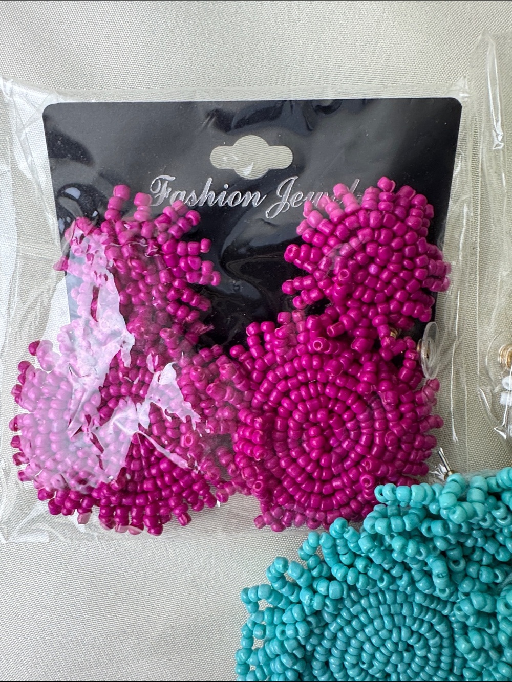 Bundle of Statement Beaded Earrings - Teal, Raspberry, White - Picture 2 of 5